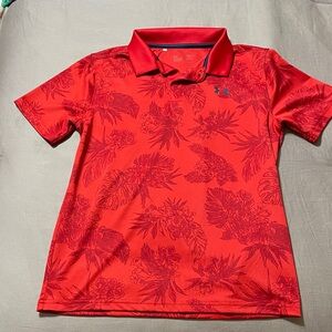 Under Armour Hawaiian Floral Red Polo T-shirt Youth L